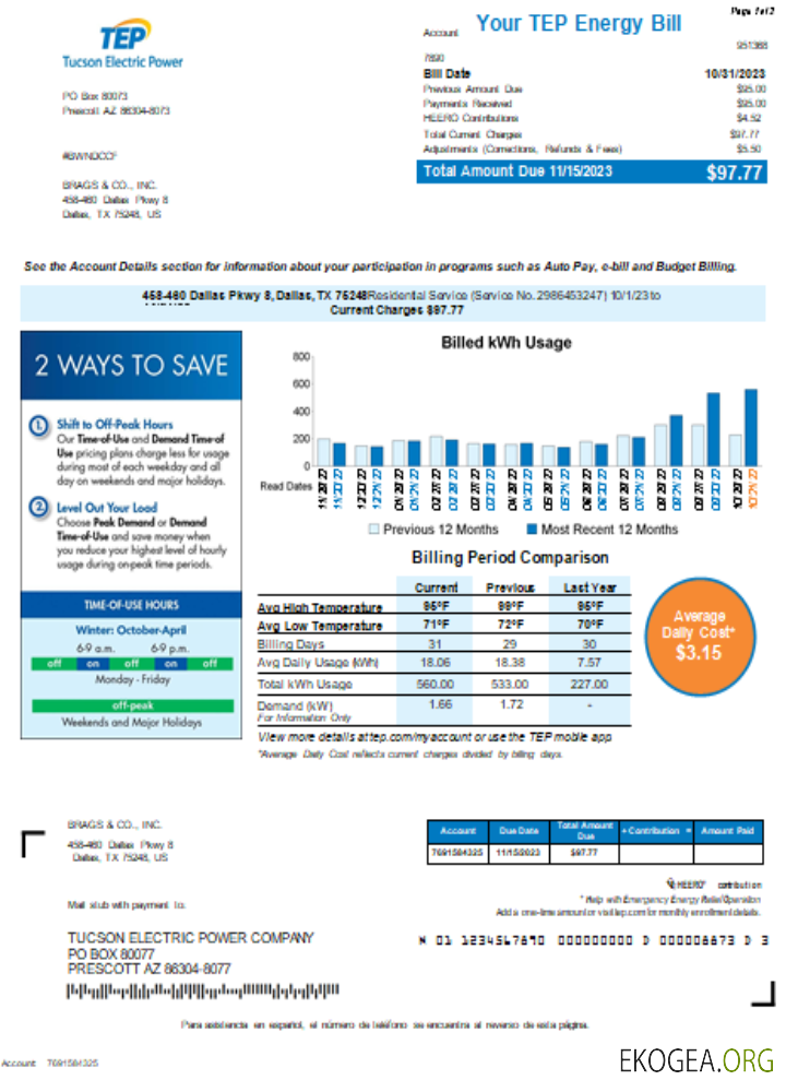 Facture de service public de l'Arizona Tucson Electric Power (TEP), page 1 SCR